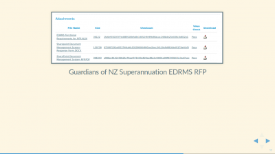 Screenshot of Guardians of NZ Superannuation EDRMS RFP showing an open standard PDF file, and DOCX and XLSX proprietary data files.