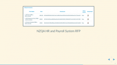 Screenshot of NZQA HR and Payroll System RFP tender showing PDF showing an open standard PDF file, and DOCX and XLSX proprietary data files.