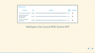 Screenshot of Wellington City Council RFID System RFP tender showing the same pattern: PDF, DOCX, and XLSX