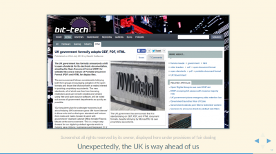 Screenshot of Bit-tech UK website, showing article about UK gov't adopting open standards mandate.